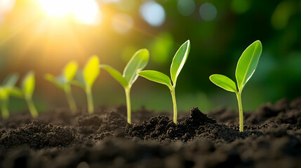 Fresh green seedlings emerging from rich soil, bathed in warm sunlight, representing new beginnings and growth in nature