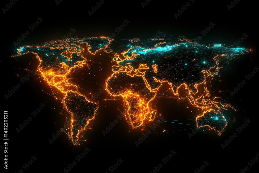 Poster global network glowing interconnected map