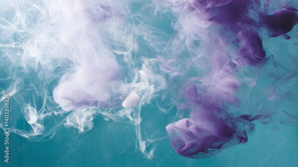 Poster violet smoke tendrils twist and curl against a calm teal background, forming intriguing, organic sha