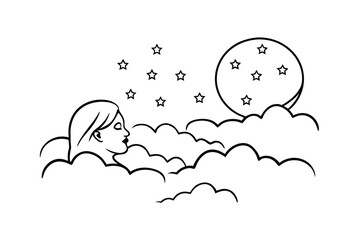 Dreamy Illustration Of A Woman In Clouds With Stars And Moon