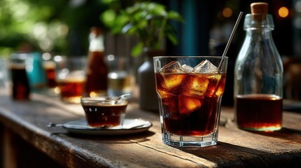 Fototapeta premium Refreshing cold brew coffee with ice on rustic wooden table