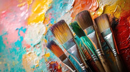 Obraz premium Colorful paint brush splashes on canvas. Row of artist paintbrushes closeup on artistic canvas.
