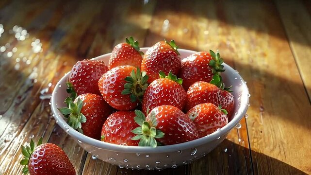Fresh, juicy strawberries in a bowl on a wooden table
