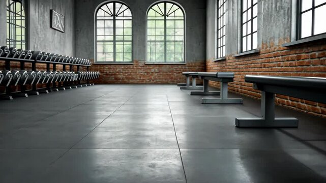 Spacious and bright interior of a gym featuring rows of dumbbells and weight benches under natural light from large windows