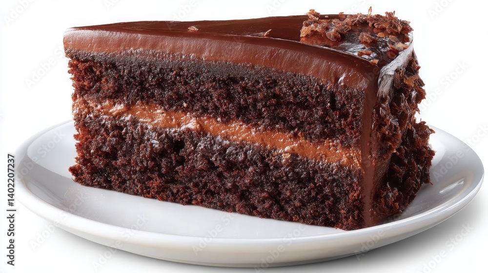 Poster Indulgent slice of chocolate cake displaying glossy frosting and rich layers sits on a white plate, emphasizing the dessert's inviting texture and colors