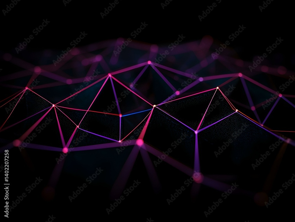 Poster abstract dark background with glowing pink and purple lines forming a network. ideal for tech, futur