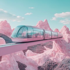 A modern glass train floating above a cotton candy mountain range, clear sky, pink-blue color palette, dreamy photorealism
