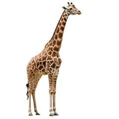 Naklejka premium A tall African giraffe standing upright, full-body visible and centered on a pure white background.