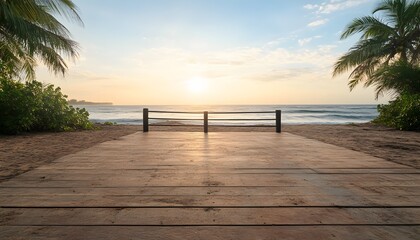 Fototapeta premium Tropical Beach Sunset View from Wooden Platform with Palm Trees