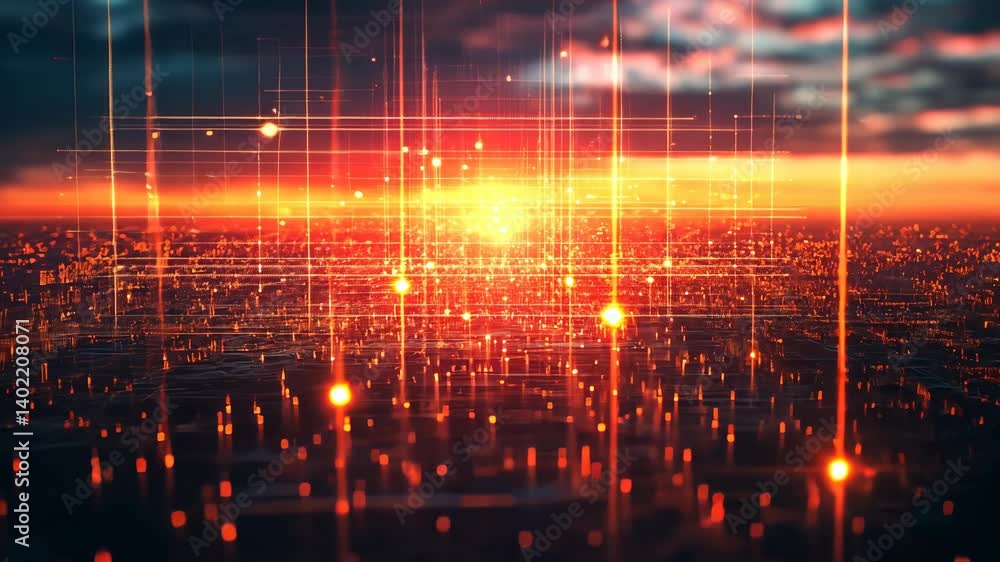 Aufkleber futuristic cityscape with illuminated grid lines and glowing nodes against a dramatic sky at dusk, r
