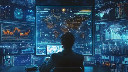 Person analyzing global data and monitoring information on screens