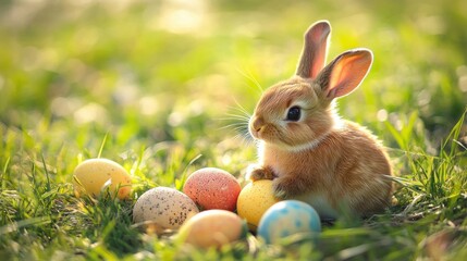 A bunny with Easter eggs in a field.