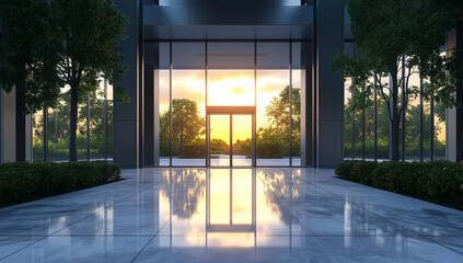 The glass and metal architecture features an entrance door visible in the middle, Architecture, A modern luxury residential building, Apartment, Building exterior, Building entrance.