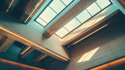 Obraz premium Modern architectural ceiling with geometric panel design and ambient lighting in a contemporary building interior showcasing symmetry, innovation, and a stylish high-tech aesthetic. 