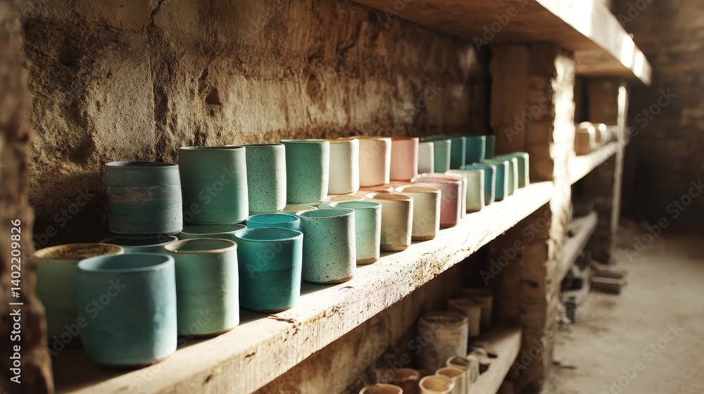 Poster close-up view of a collection of hand-painted clay pots in earthy tones displayed on a rustic shelf 