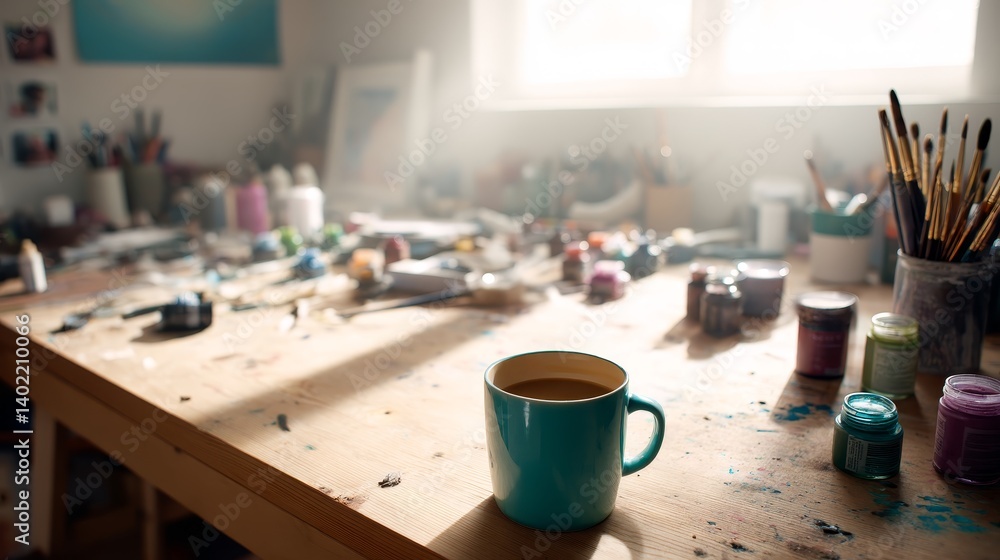 Poster close-up of a unique hand-painted clay mug on a cluttered workbench, illuminated by warm light and s