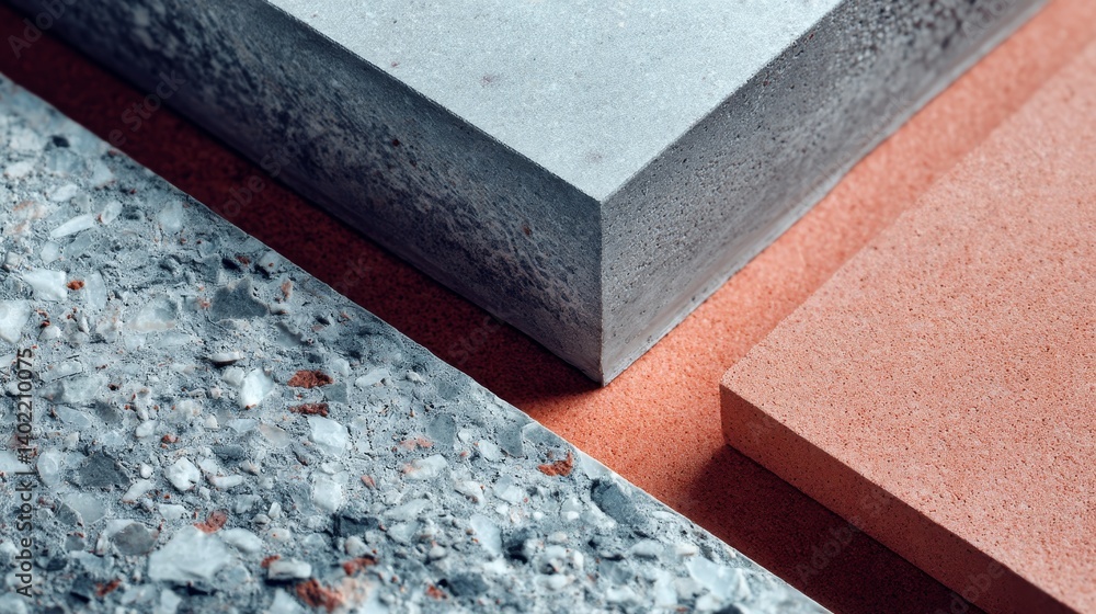 Poster Hexagonal concrete display stand showcases visible aggregate texture while resting on a pale terracotta floating shelf, surrounded by soft shadows and natural light