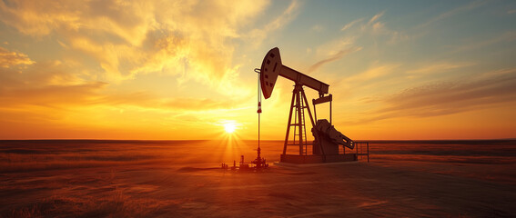 A silhouette of an oil pump against a vibrant sunset sky, Oil pumps and rig at sunset, Oil and gas industry concept, Oil industry, Business, Fuel, A sunset background.