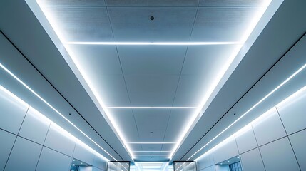 Futuristic minimalistic white interior hallway with curved walls, ambient ceiling lights, and polished reflective flooring in a modern architectural space or corporate building lobby.