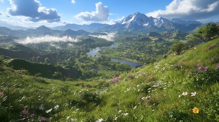 Lush valley nestled amongst towering mountains.  A breathtaking vista of a peaceful landscape.  Rolling hills, a winding river, and a vibrant array of wildflowers