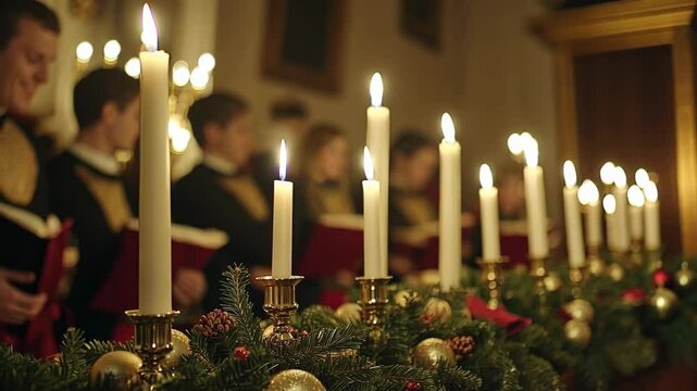 Candlelight Carolers: A row of lit candles illuminates a group of carolers in elegant dress, singing hymns from red books, celebration