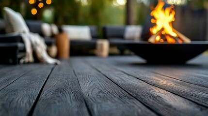 Dark wood deck with fire pit and outdoor furniture in background, shallow depth of field.