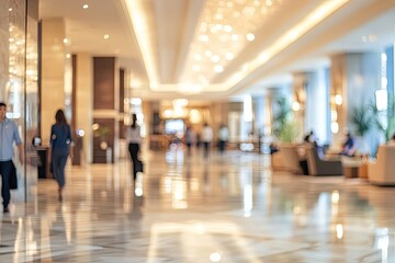 A bustling hotel lobby with people walking through a spacious, well-lit hallway