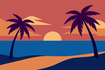 Obraz premium Landscape summer vacation sunny meadow, retro, colorful, silhouette and minimalist beach background Illustration for print or Digital use