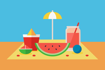 Landscape summer vacation sunny meadow, retro, colorful, silhouette and minimalist beach background Illustration for print or Digital use