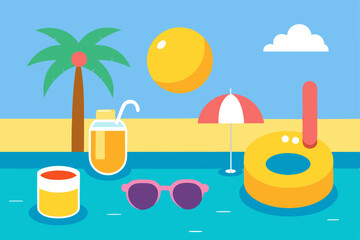 Landscape summer vacation sunny meadow, retro, colorful, silhouette and minimalist beach background Illustration for print or Digital use