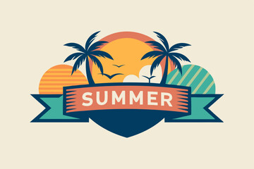 Landscape summer vacation sunny meadow, retro, colorful, silhouette and minimalist beach background Illustration for print or Digital use