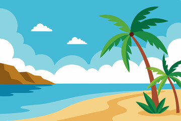 Landscape summer vacation sunny meadow, retro, colorful, silhouette and minimalist beach background Illustration for print or Digital use