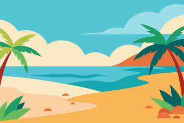 Fototapeta na wymiar Landscape summer vacation sunny meadow, retro, colorful, silhouette and minimalist beach background Illustration for print or Digital use