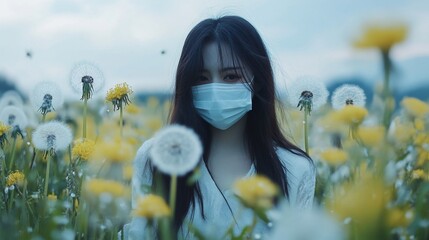 Masked woman in dandelion field, twilight, safety