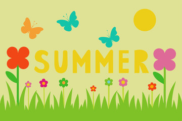 Landscape summer vacation sunny meadow, retro, colorful, silhouette and minimalist beach background Illustration for print or Digital use