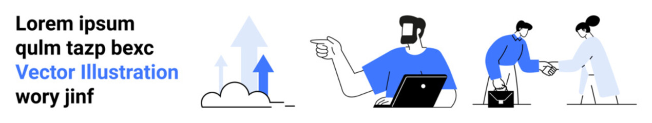 Male figure with laptop, cloud with growth arrows, business handshake. Ideal for business, teamwork, success, technology, cooperation, development flat landing page banner