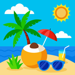 Landscape summer vacation sunny meadow, retro, colorful, silhouette and minimalist beach background Illustration for print or Digital use