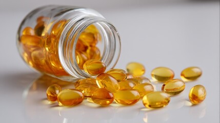 Open amber container rests tipped over on white surface, glossy capsules scattering around it, creating soft shadows and a pleasing visual depth