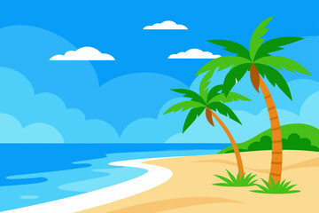 Obraz premium Landscape summer vacation sunny meadow, retro, colorful, silhouette and minimalist beach background Illustration for print or Digital use