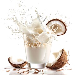 A Refreshing Coconut Drink Served in a Frosted Glass with Ice, Shredded Coconut, a Striped Straw, and Coconut Shell Garnish, Perfect for a Tropical Summer Treat or Exotic Beverage Experience  
