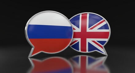Obraz premium Diplomatic discourse concept featuring speech bubbles with the flags of Russia and the United Kingdom