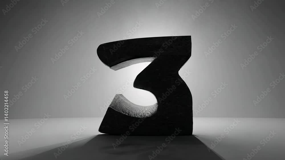 Poster rotating camera video to showcase digit 3 carved from shadowed stone against a minimalist gray backg