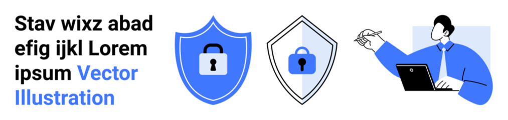Two shield icons with locks symbolize cyber security, while a professional interacts with a laptop. Ideal for online safety, technology, cybersecurity, data protection, privacy, digital tools