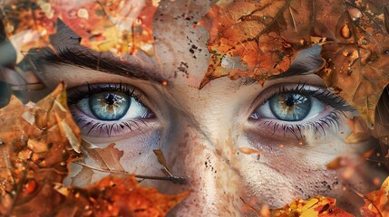 A Captivating Close-Up of a Woman's Eyes Surrounded by Vibrant Autumn Leaves, Showcasing the Beauty of Fall Colors, Natural Textures, and Emotional Depth Through a Stunning Artistic Composition 