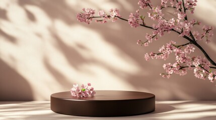 3D background, circle podium. Round display, sakura pink flower branch shadow. Brown and green Cosmetic or beauty product promotion step pedestal. Abstract minimal 3D render copy.
