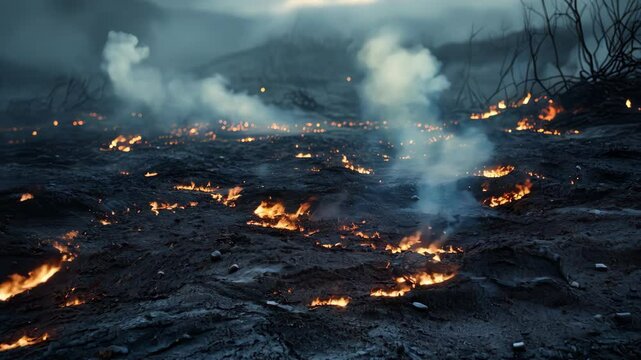 A scorched and barren land smokes as pockets of fire linger across the surface.