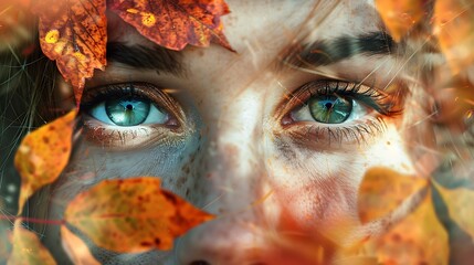 A Captivating Close-Up of a Woman's Eyes Surrounded by Vibrant Autumn Leaves, Showcasing the Beauty of Fall Colors, Natural Textures, and Emotional Depth Through a Stunning Artistic Composition 