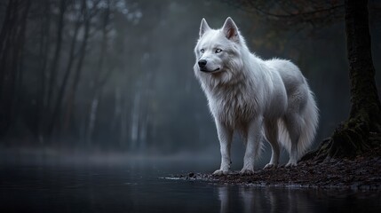 Obraz premium Dramatic scene of a white wolf at the edge of a misty forest pond nature photography tranquil environment