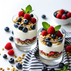Fresh Berry Yogurt Parfaits on Striped Napkin
