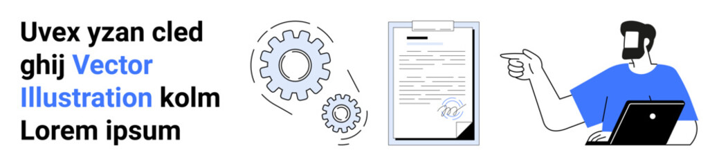 Gears, clipboard with a document, and man pointing while using a laptop symbolize teamwork, process optimization, and productivity. Ideal for business, analysis, planning, collaboration development